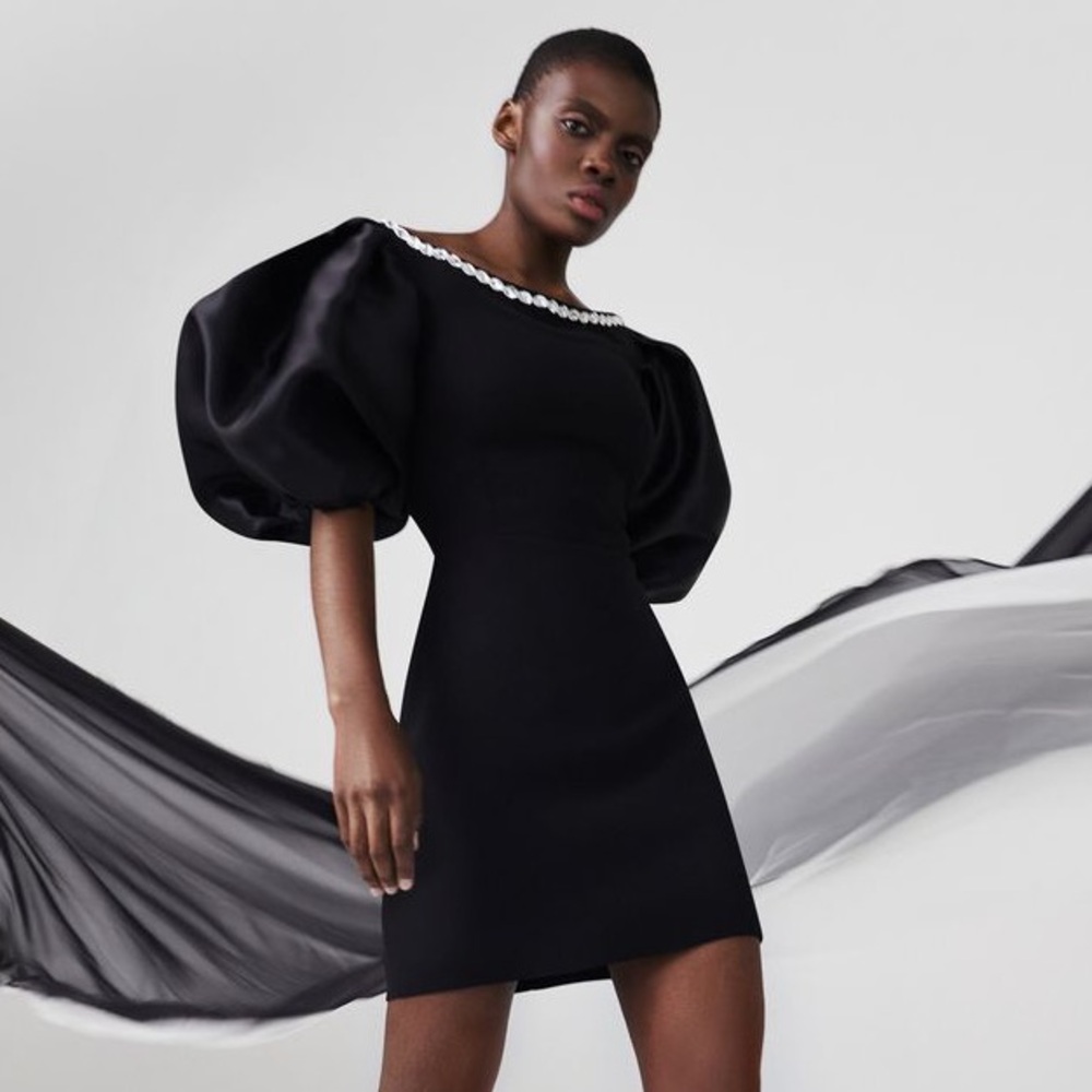 NWT RASARIO black crystal embellished neckline puff balloon sleeves dress